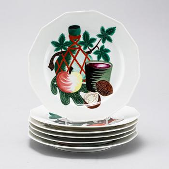 Six porcelain small plates by Colette Gueden for Limoges, second quarter of the 20th century.