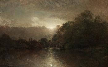 Alfred Wahlberg, Moonlit river landscape.