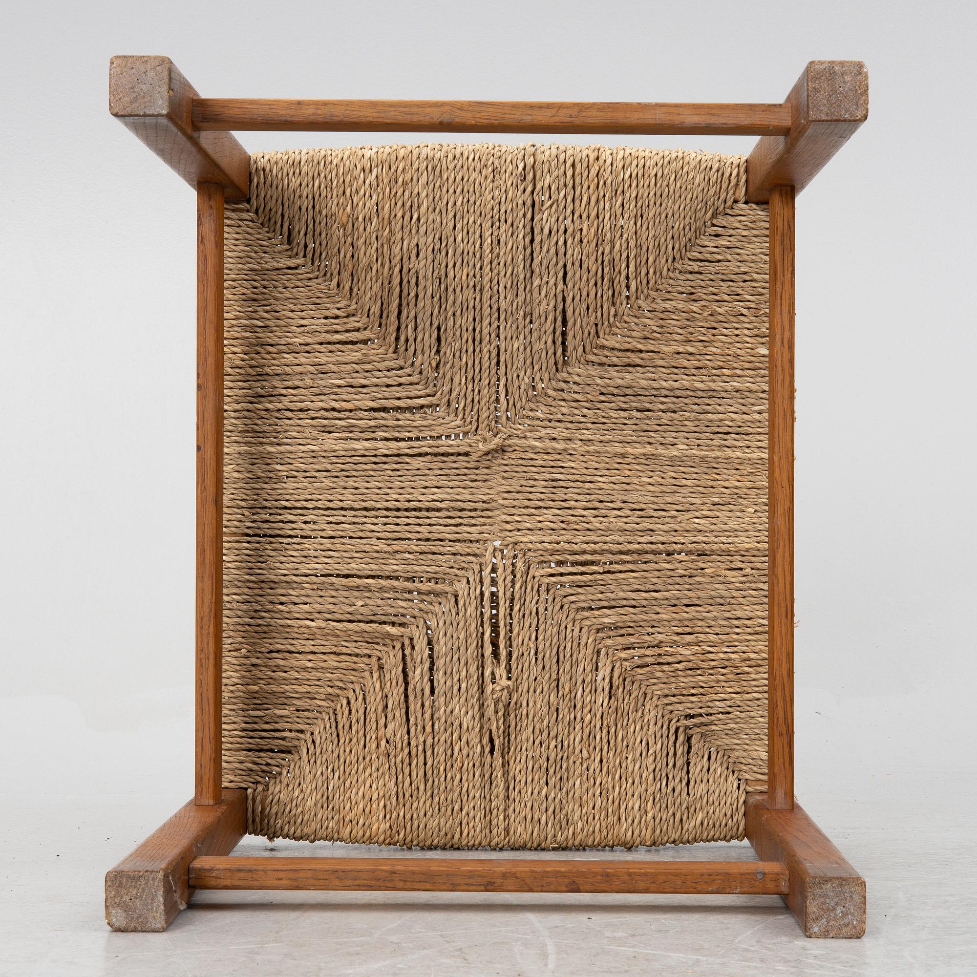Three oak stools with laced seats, second half of the 20th century.