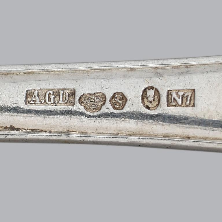 PARTI BESTICK, 7 delar, silver, A.G. Dufva, Stockholm, 1914/15. Tot ca 590 gram.