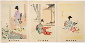 Miyagawa Shuntei, färgträsnitt, 13 stycken, Japan, omkring år 1900.