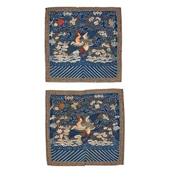 1133. A pair of rank kesi civil official's rank badges with mandarin ducks, Qing dynasty, 19th Century.