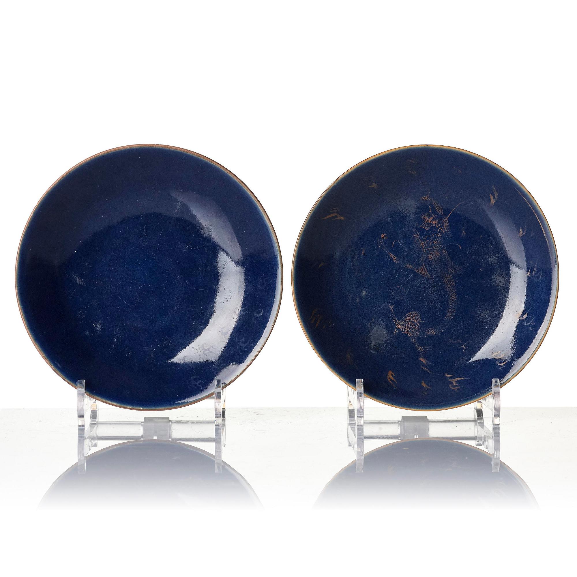 A group of 10 (8+2) blue glazed dishes, late Qing dynasty.