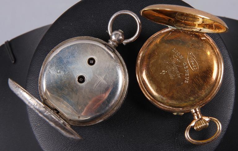 DAMFICKUR, 2 st, guld 14K resp silver. Omkring 1900.