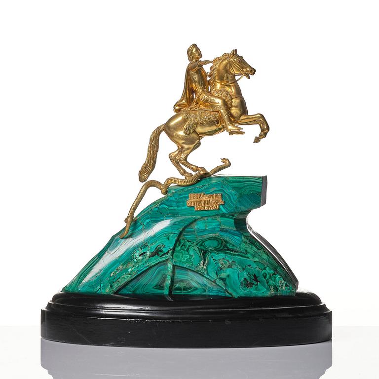 A malachite and gilt bronze sculpture of Peter the Great on horseback after Falconet, 19th century.