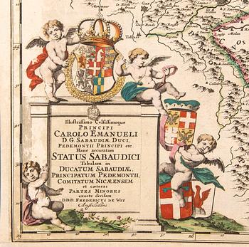 Frederik de Wit, map Savoy & Piemonte, hand colored copperengraving, Amsterdam 1680s.