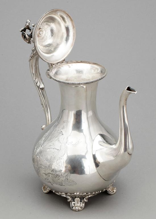 KAFFEKANNA, silver, nyrokoko, Frans Holm, Vadstena 1874. Vikt ca 876 gram.