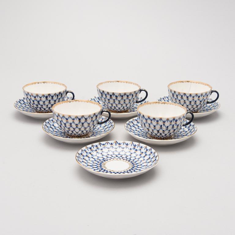 A 9-piece 'Cobalt net' porcelain tea set from Lomonosov, USSR.