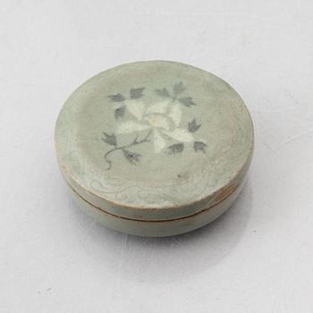 A Korean Celadon glazed box with cover, Koryo dynasty (918–1392).