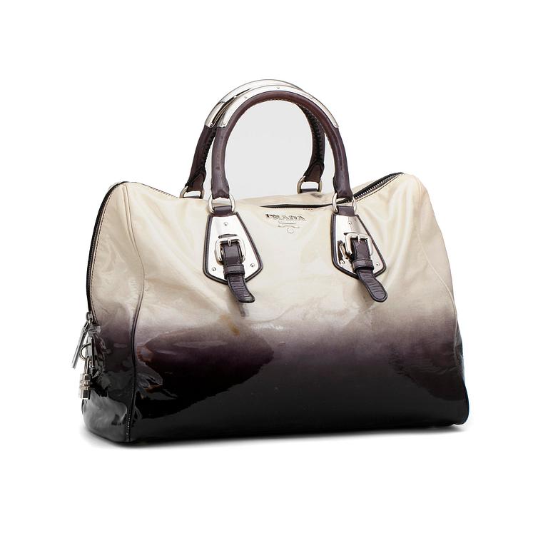 PRADA, a patent white and blue bag.