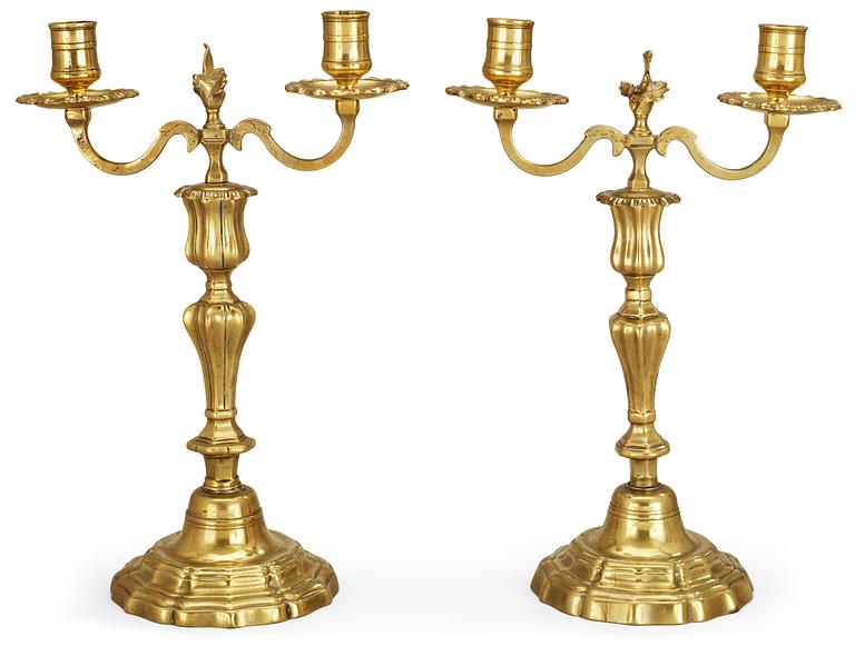 A pair of French late Baroque 18th century two-light candelabra.