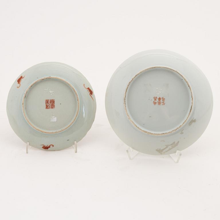 Two Chinese famille rose dishes and a bowl, 20th Century.