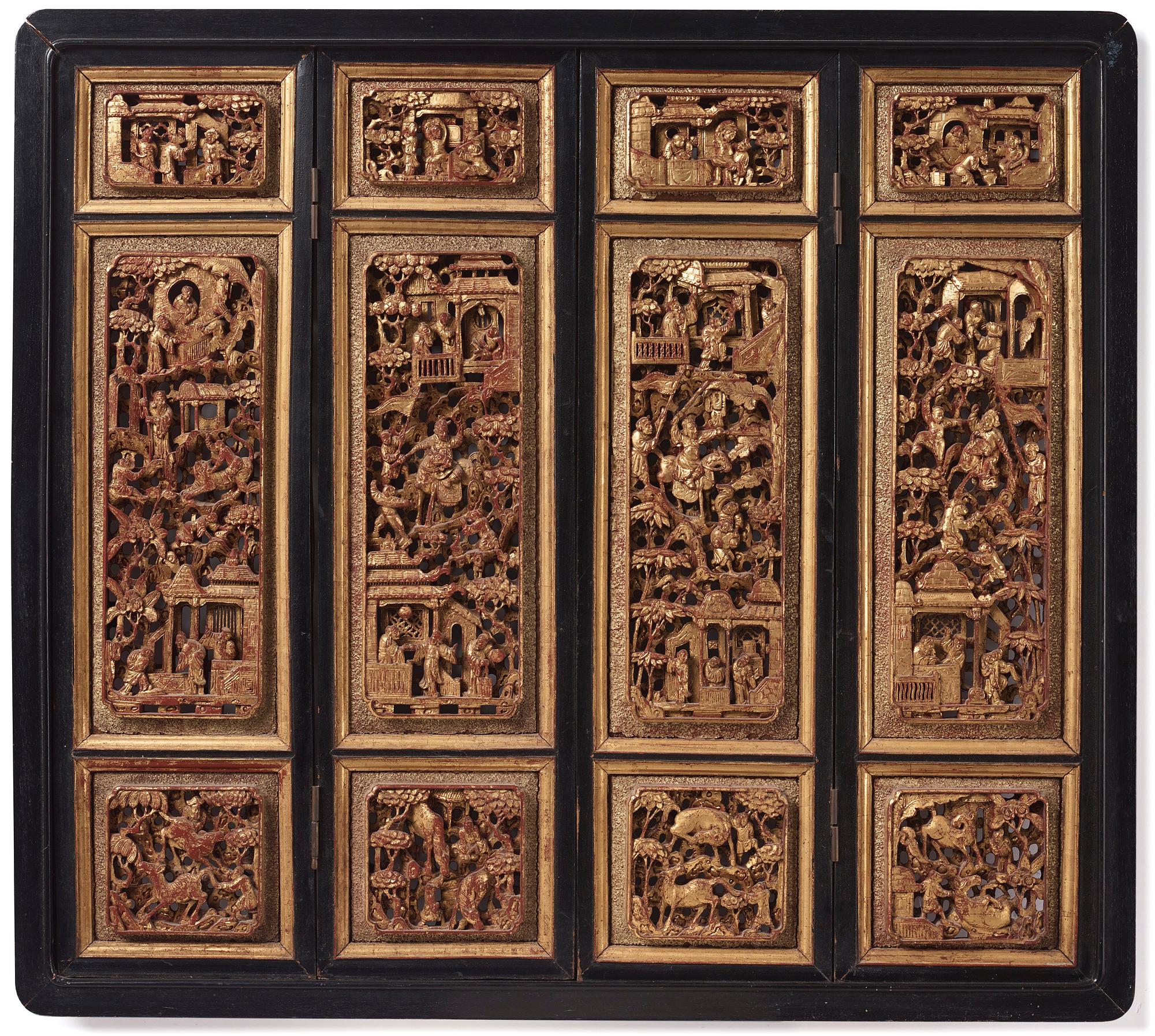 A set of four framed wooden panels, Qing dynasty, 19th Century.