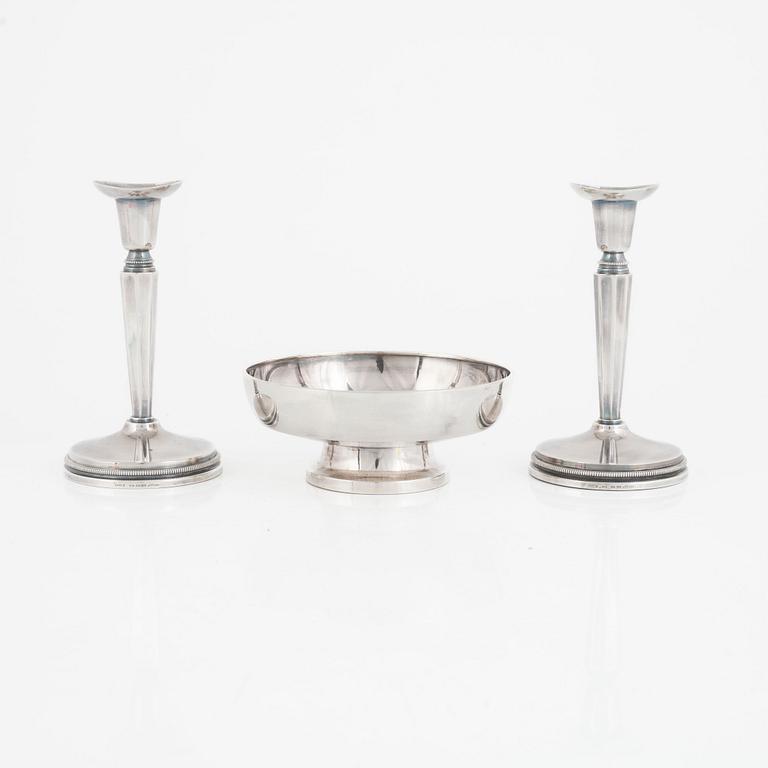 Eric Löfman, candlesticks, a pair, and bowl, silver, KG Markströms, Uppsala 1977-79.