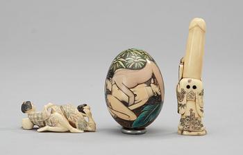 Two bone Japanese netsukes and wooden egg, 19th century.
