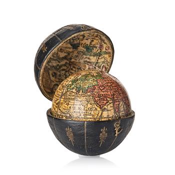 182. A German 2 ½-inch pocket globe with case by Johann Baptist Homann, Nuremberg, circa 1710.