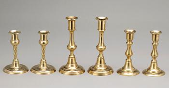 LJUSSTAKAR, 6 st, mässing, 1800/1900-tal.