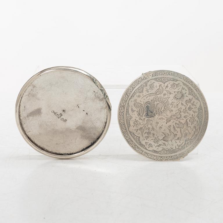 Two silver buttons, a belt buckle, an armring and a box, Persia, first part of the 1900s.