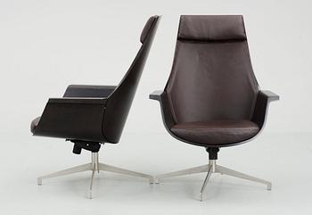 A pair of Jorge Pensi 'Bkai' brown lether and aluminium armchairs,