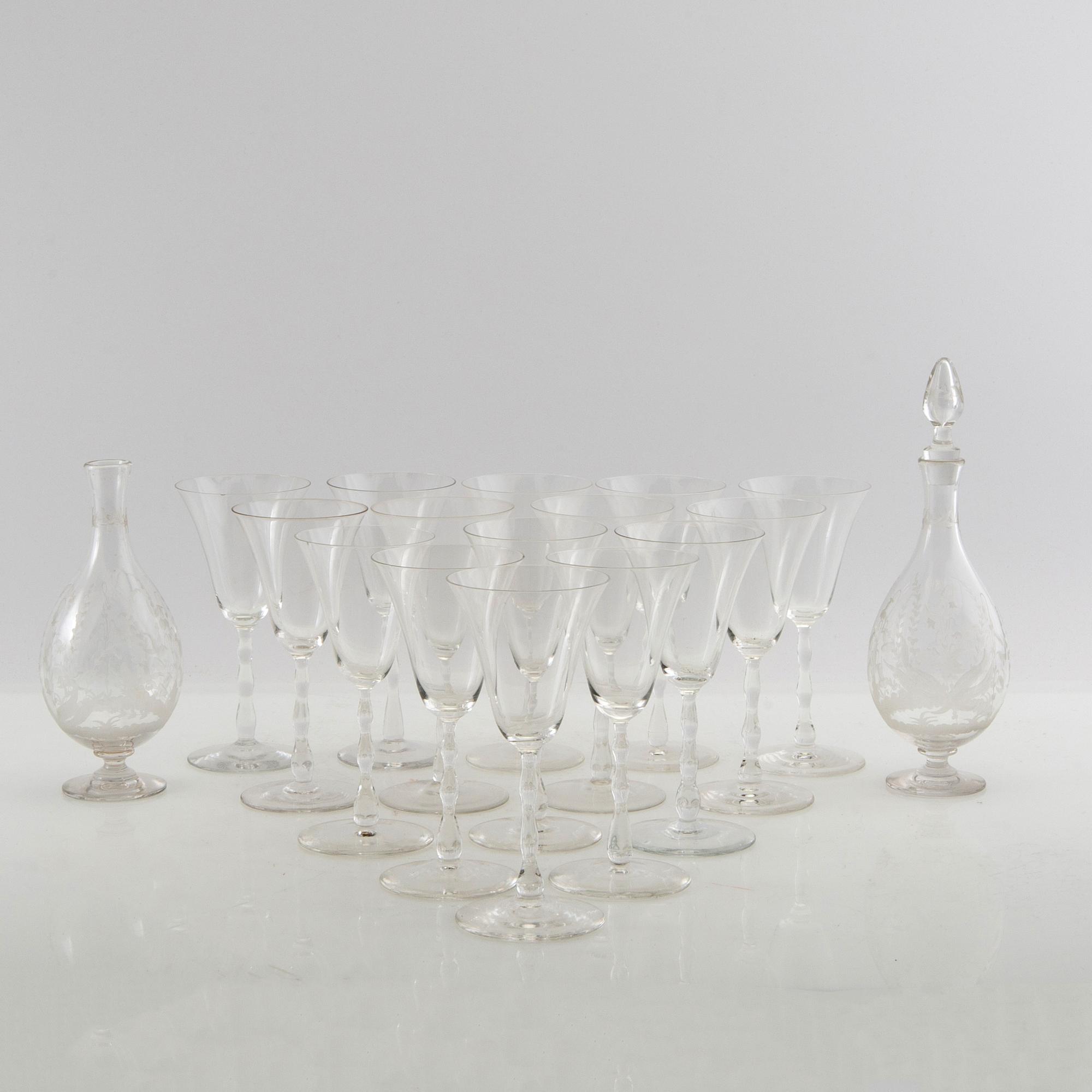 Simon Gate, wine glasses 15 pcs and decanters 2 pcs first half of the 20th century.