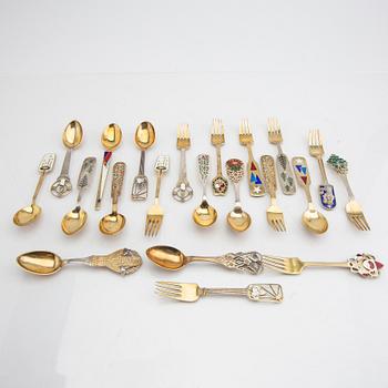 Anton Michelsen, Christmas cutlery, 21 pieces, gilded sterling silver and enamel, Denmark total weight 888 grams.