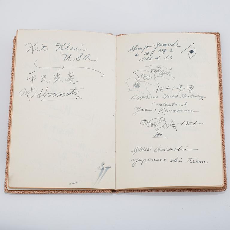 MINNESFÖREMÅL, Olympiska Spelen Garmish Partenkirchen 1936, bl. a. Åke Ekmans bok med autograf.