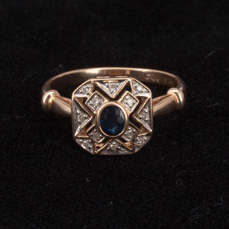 RING, guld 14K, safir med små diamanter, 1997. Vikt 2,9 g.