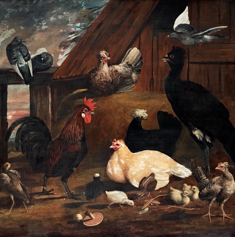 Melchior de Hondecoeter In the manner of the artist, Still life with hens.
