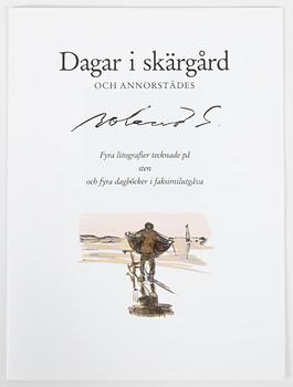 Roland Svensson, kasett med 4 färglitografier, signerade 166/400 samt fyra dagböcker i faksimil, 1990.