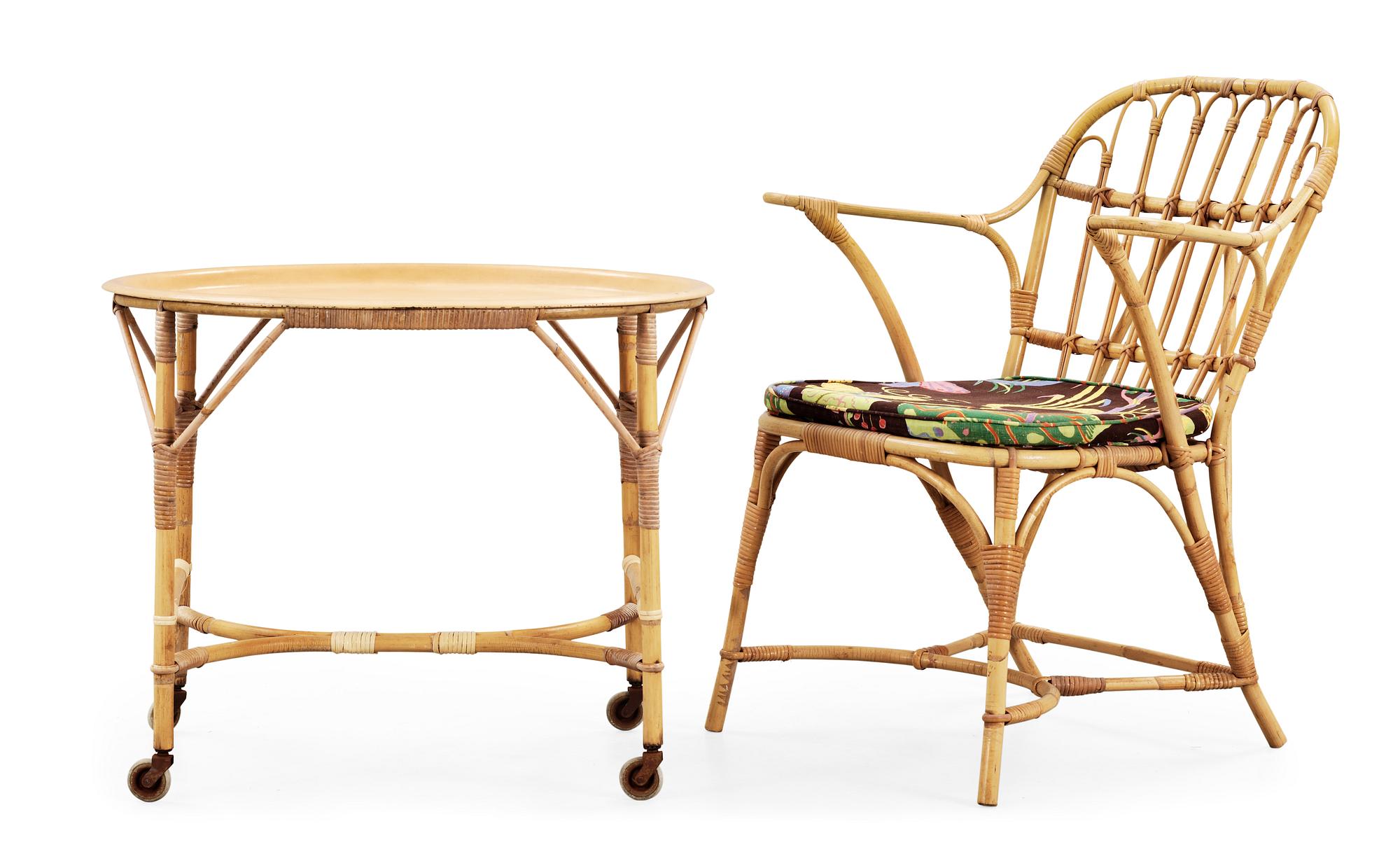 A rattan armchair and table attributed to Josef Frank, Svenskt Tenn.