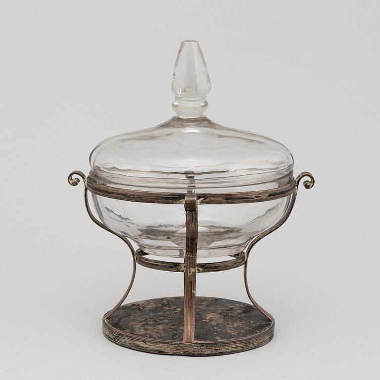 BONBONJÄR, glas och nysilver, 1800-tal.