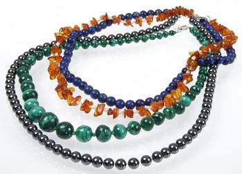 HALSBAND, 4 st, malakit, lapiz lazuli, bernsten samt hematit.