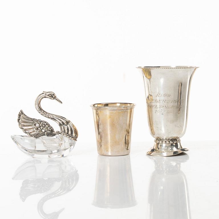 Five silver beakers and a salt cellar, including mark of Gustaf Jansson, CG Hallberg, Stockholm 1960.