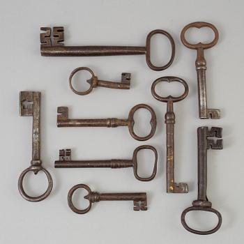 A set of nine iron keys, 18th/19th century.