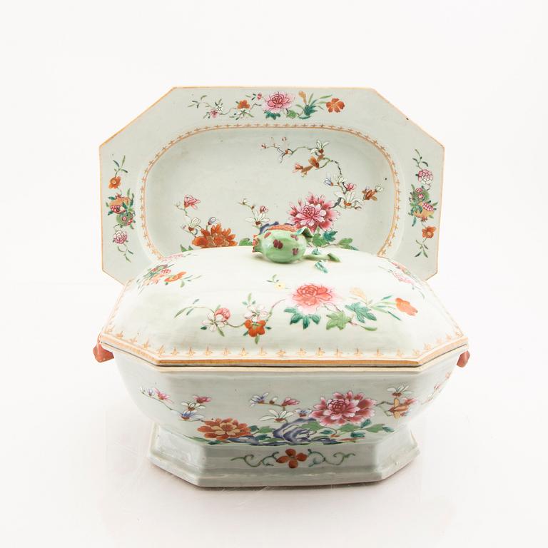 A Chinese famille rose tureen with cover and plate later part of the 18th century.
