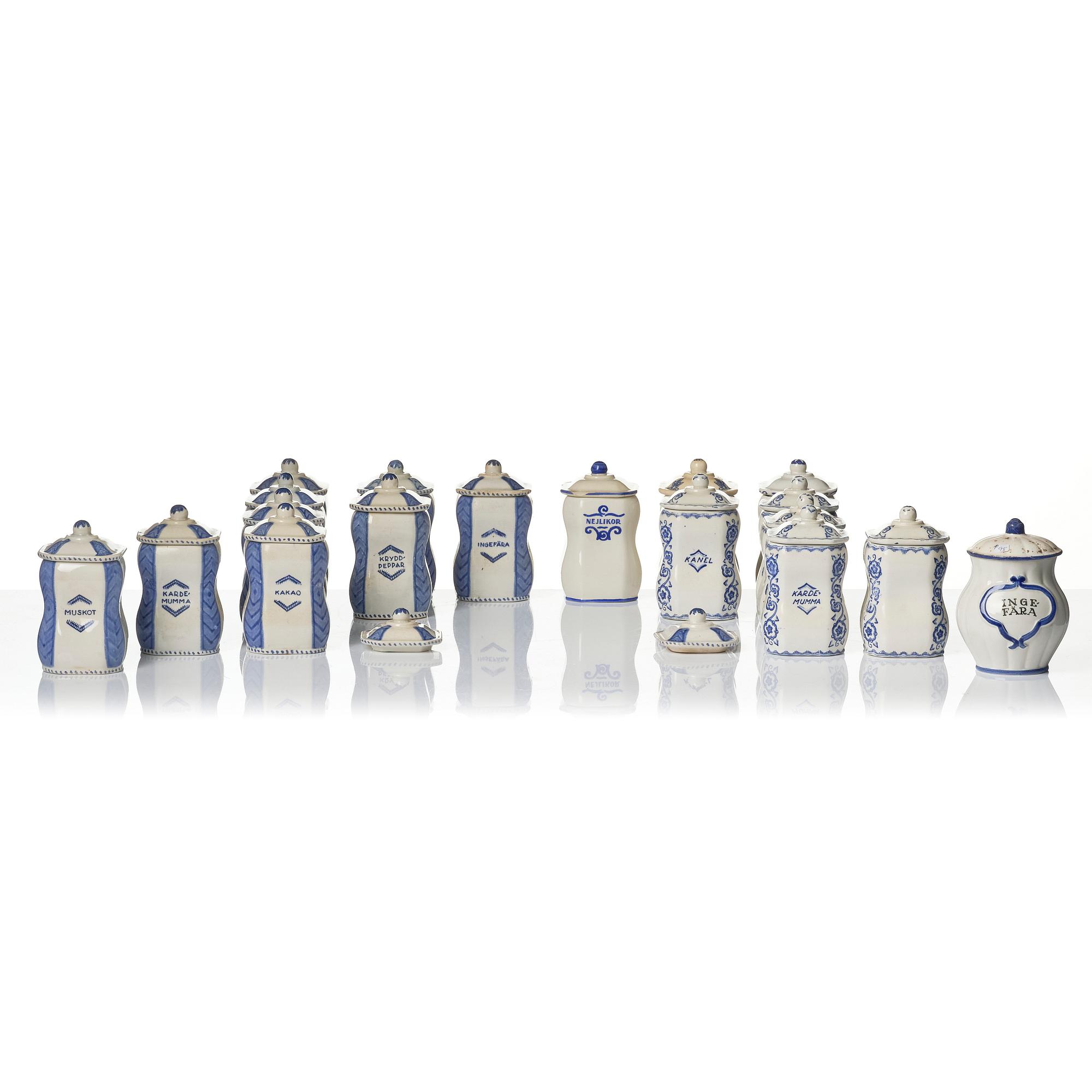 Wilhelm Kåge, 30 ceramic spice jars, Gustavsberg, Sweden, 1917 an onwards.