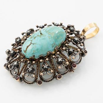Brooch/pendant, 18K gold and silver with rose-cut diamonds, turquoise and garnets.