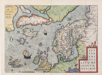 Abraham Ortelius, Map, hand-coloured copper engraving, Antwerp.
