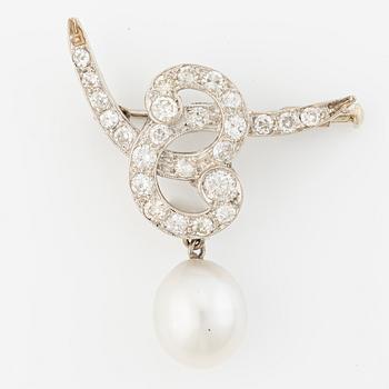 Brooch with a cultured pearl and old-cut diamonds.