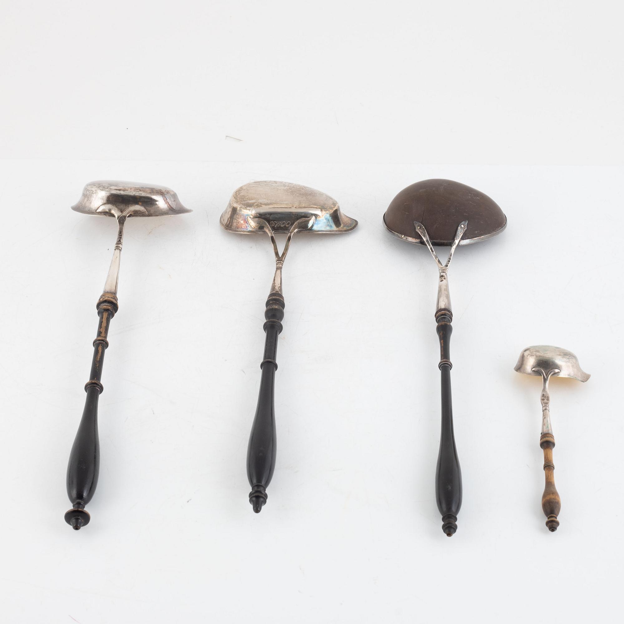Three soup ladles and one gravy ladle, silver, Visby and Stockholm, Sweden, mid 19th century.
