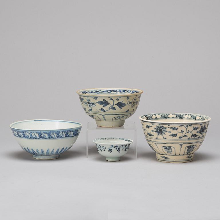 A group of for blue and white bowls, South East Asia, some 15t/h16th Centuyr.