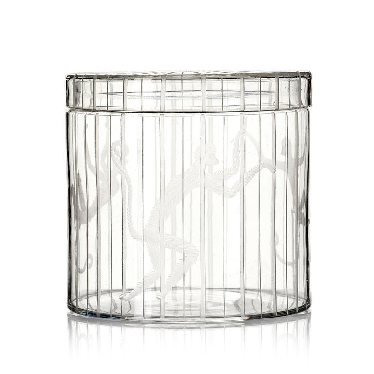 Edward Hald, an engraved lidded "Apburen" jar, Orrefors 1930.