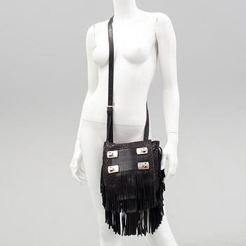 A black leather crossbody bag by Jimmy Choo.