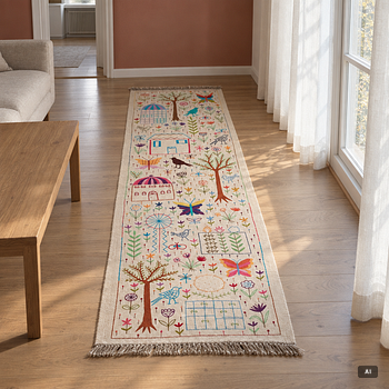A hand-embroidered Kelim runner, c. 292 x 85 cm.