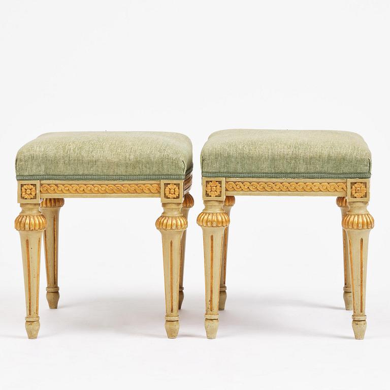 A pair of stools in the manner of Erik Öhrmark (master in Stockholm 1777–1813), Gustavian.
