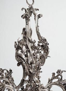 Ljuskrona för fem ljus, försilvrad mässing, argent haché, tillskriven Pierre Boulanger, Paris omkr 1750, Louis XV.