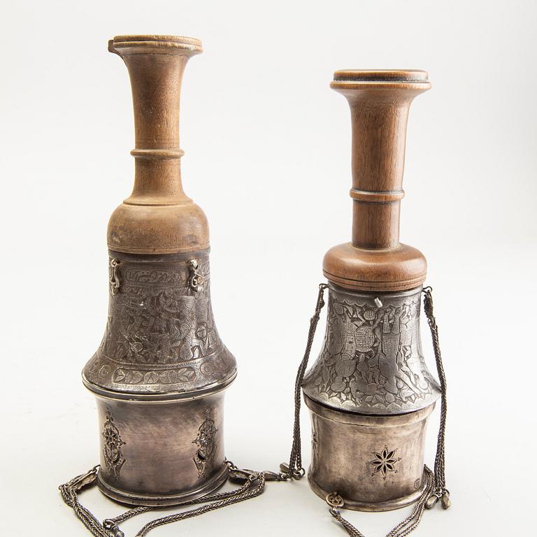 A set of four persian wooden and metal galianparts and a wooden part for the pipe, circa 1900.