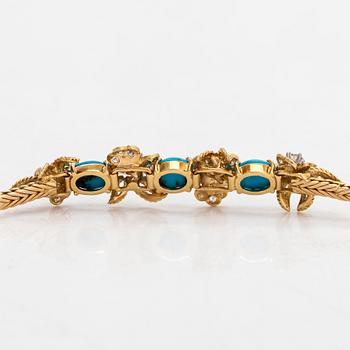 An 18K gold bracelet, turquoises and brilliant-cut diamonds totalling approximately 0.90 ct by René Kern, Germany.