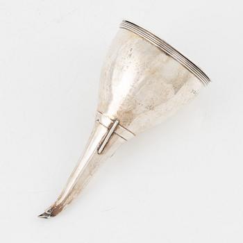 An English silver wine funnel with strainer, mark of John Emes, London 1801.