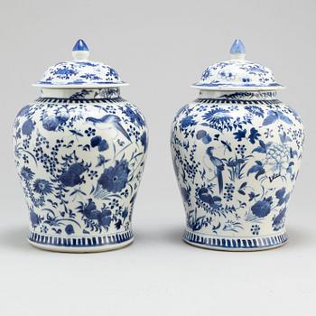 A pair of blue and white vases.